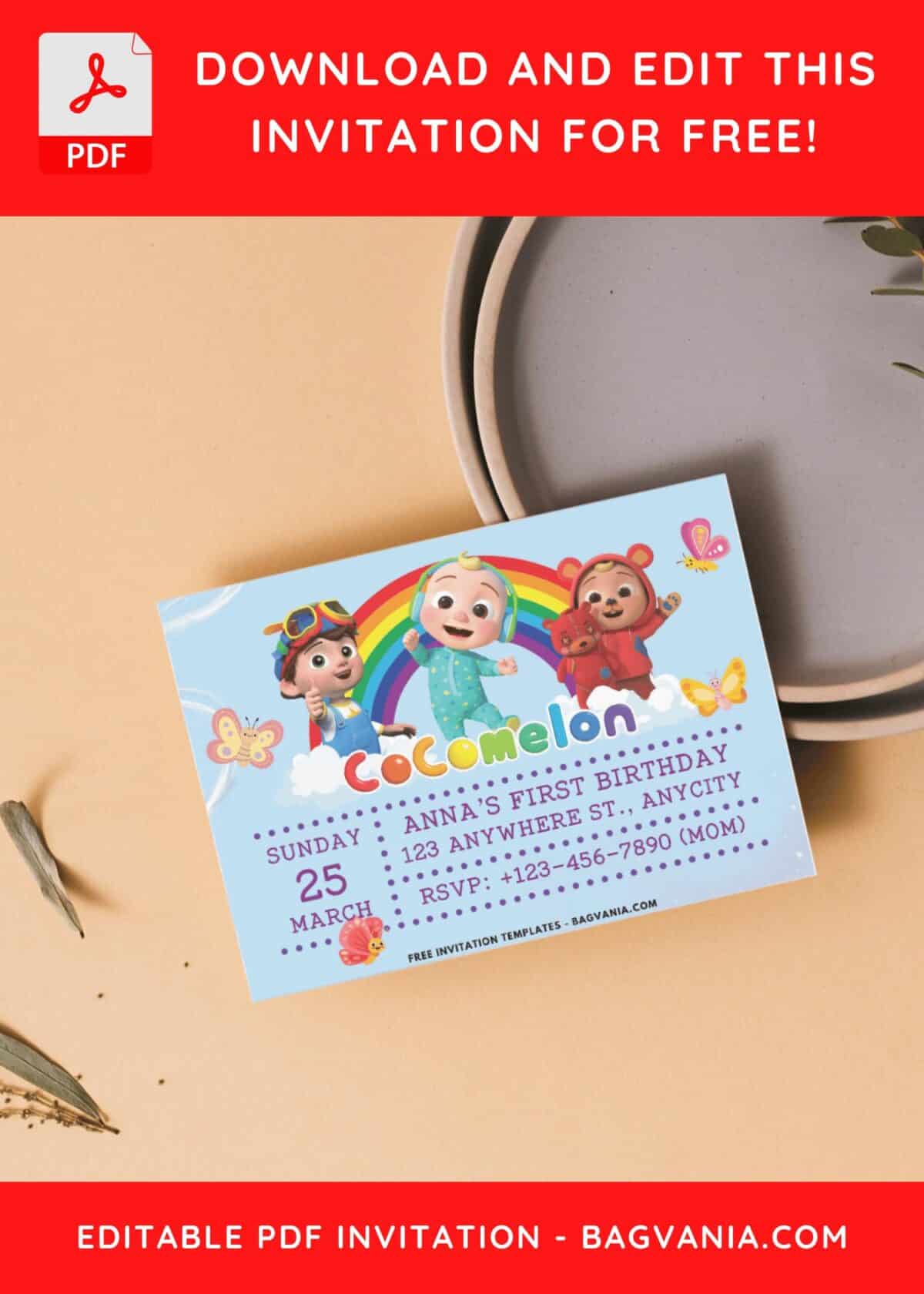 Colorful Rainbow Cocomelon Birthday Invitation