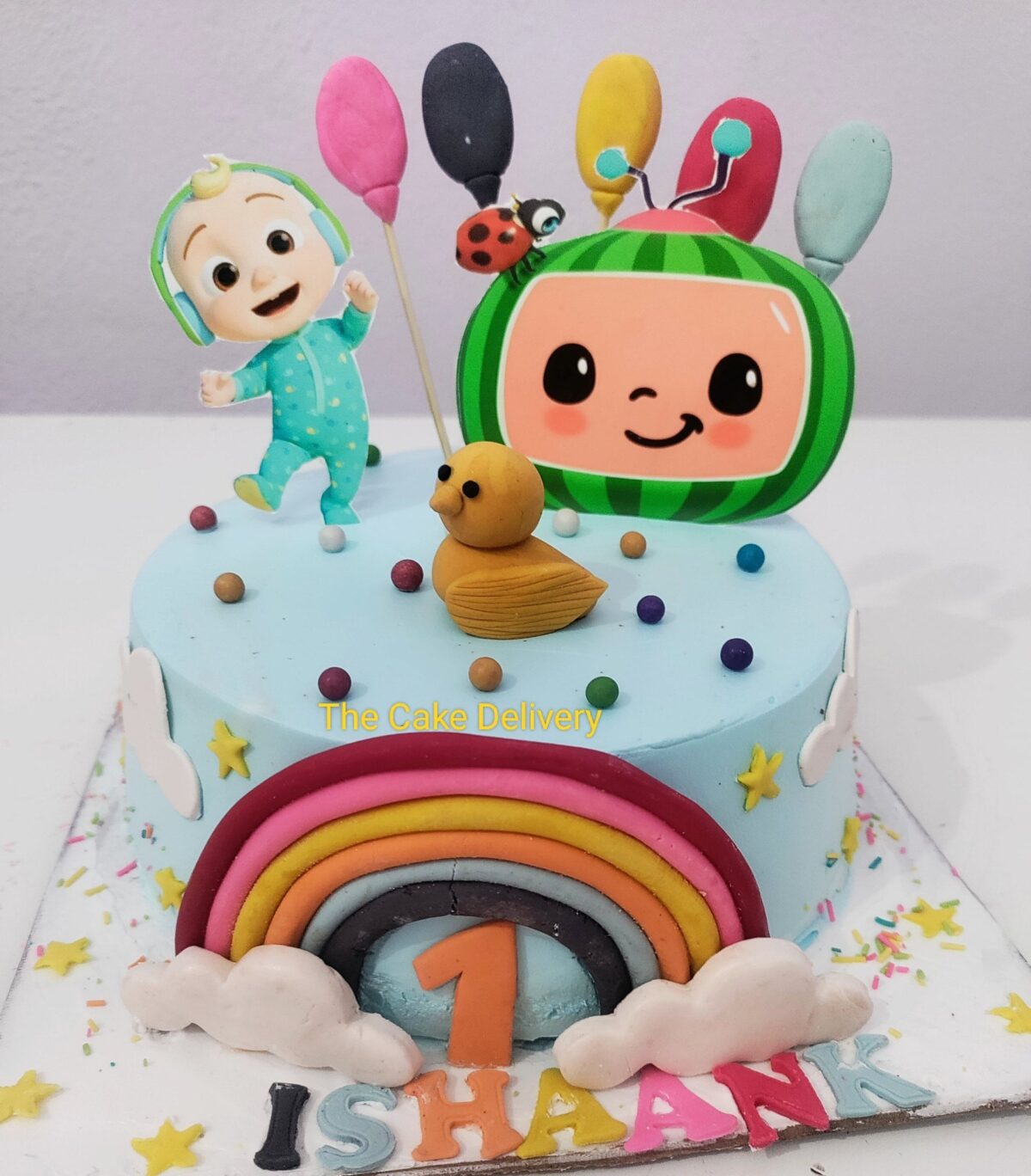 Cocomelon Birthday Cake With Pink Icing, Rainbow Edible Fondant, Colorful Dots, JJ And Watermelon TV