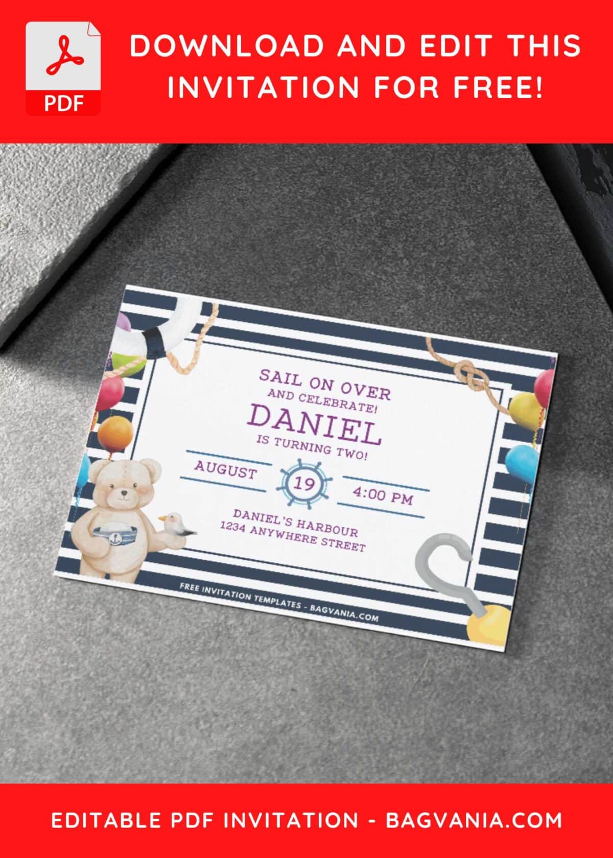 Adorable Teddy Bear Sailor Birthday Invitation