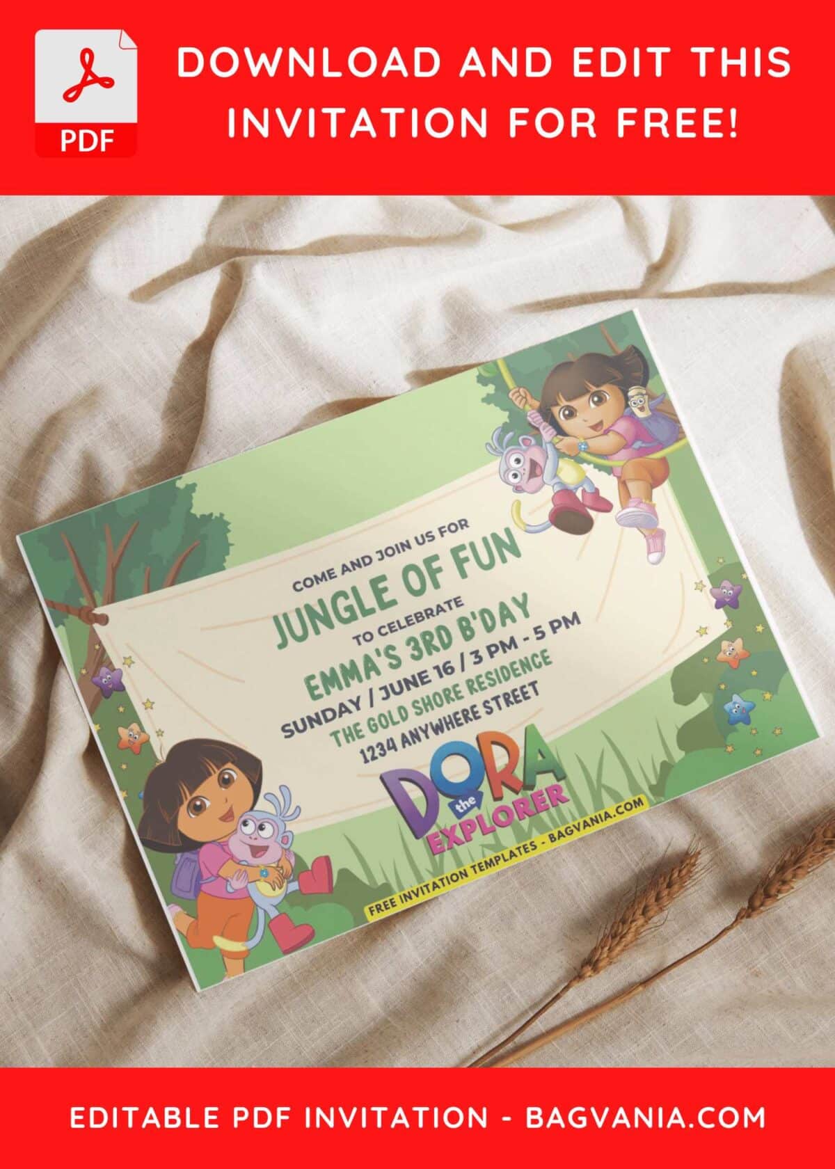 Cute Birthday Invitation with Dora Swinging from tree