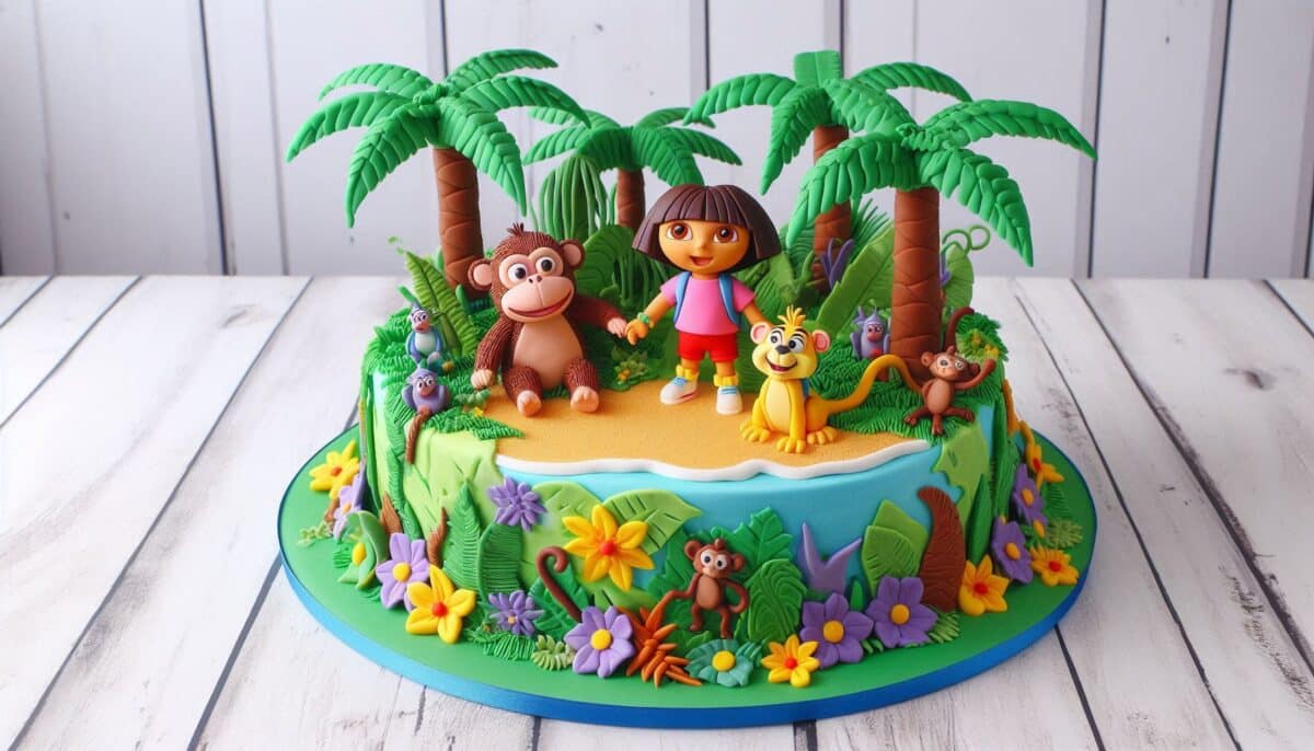 Beautiful Birthday Cake For Dora themed Birthday Party with Tropical trees, Dora