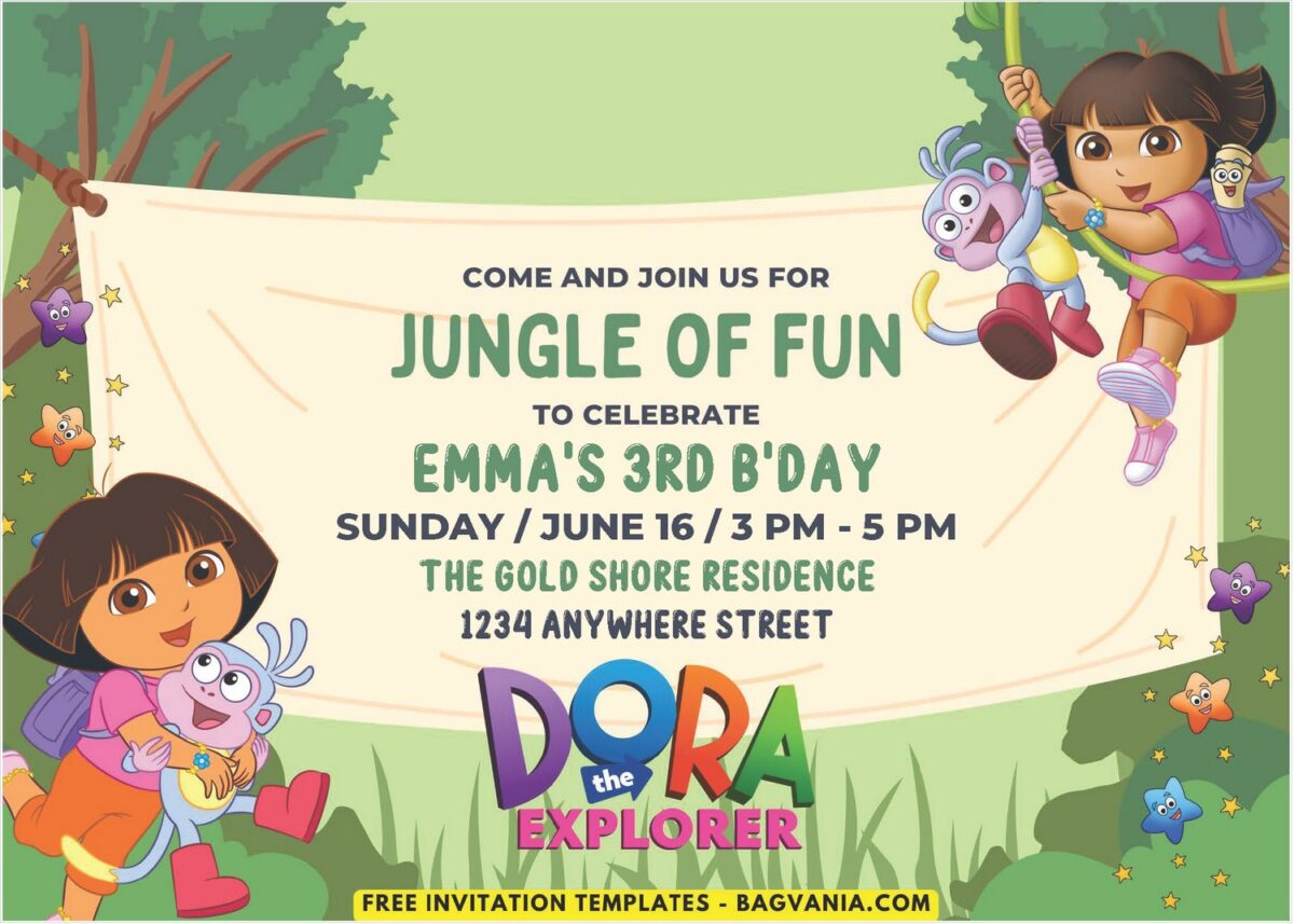 Jungle Bash Dora & Boots Birthday Invitation 