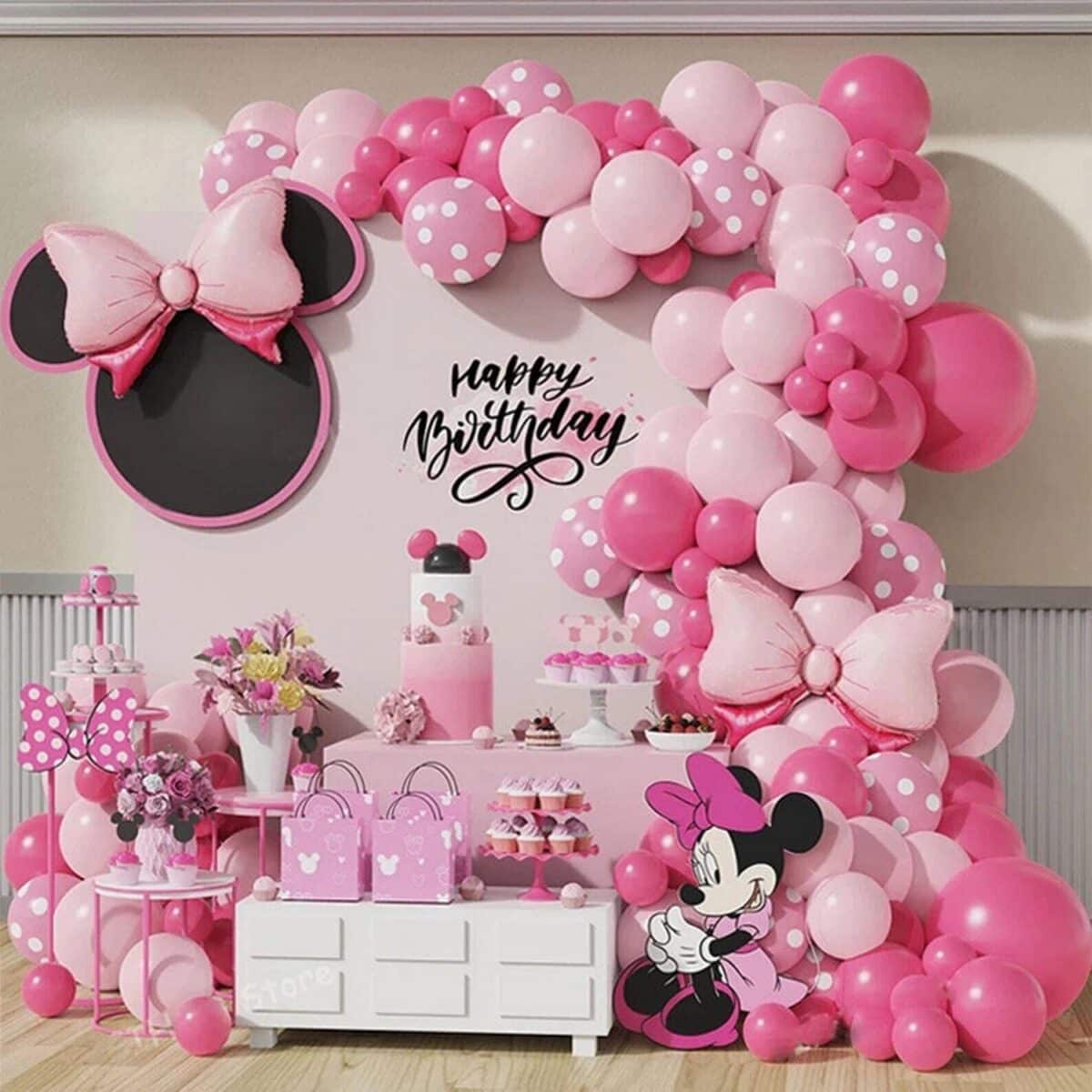 Pink And White Minnie Mouse Themed Balloon Arch