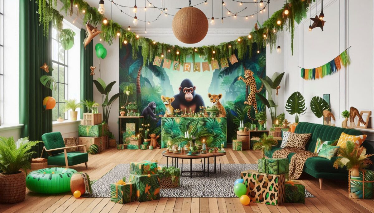 Jungle Animals Party Decor with Hanging Green Crepe Paper, Monstera leaves and Safari Animals Backdrop