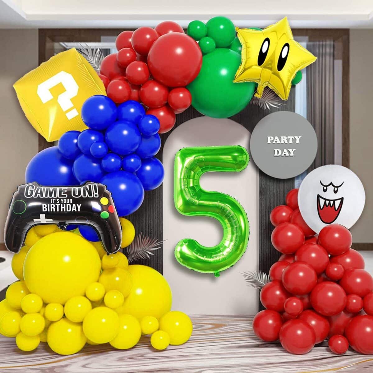 Colorful Yellow, Blue, Red And Green Super Mario Balloon Arch