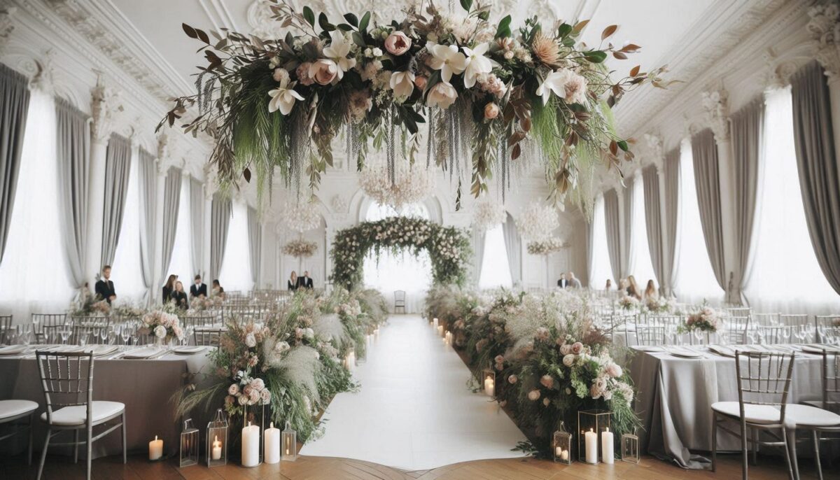 Indoor Wedding With Suspended floral, floral table runner and more