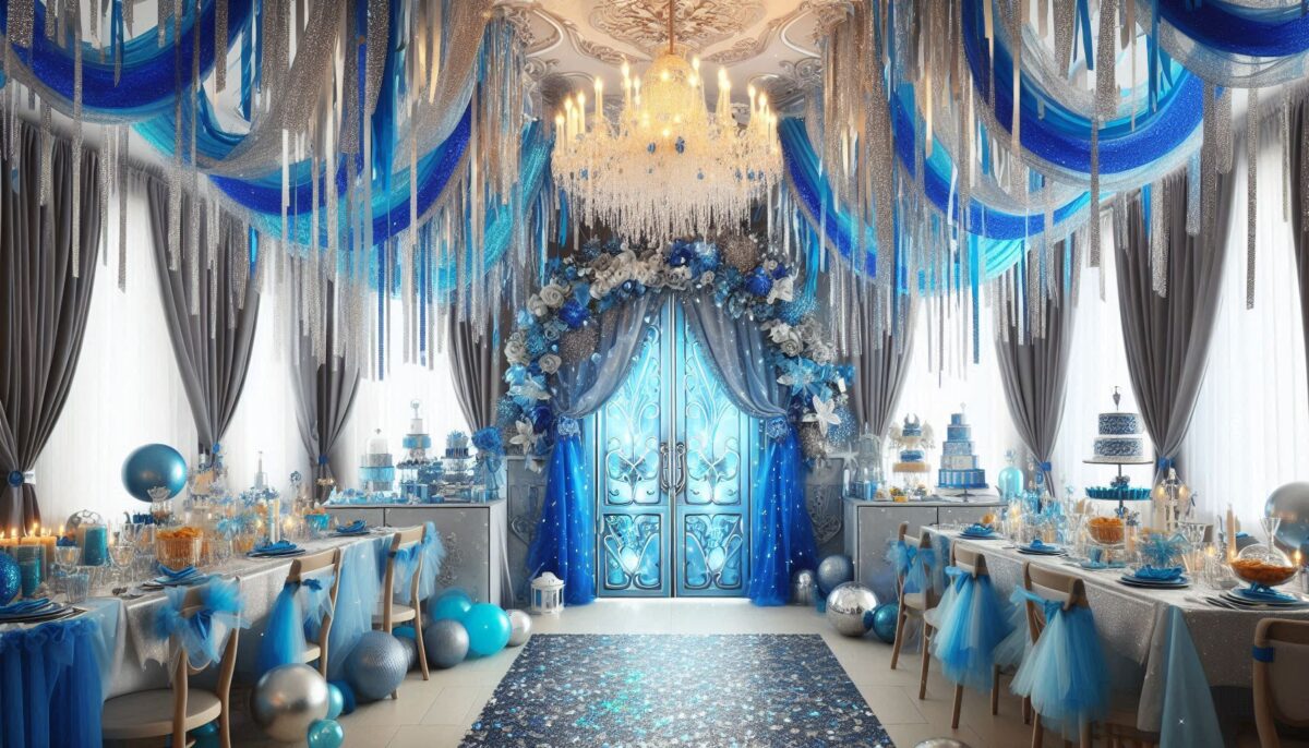 Purple and Silver Party Decor with curtain and table decor