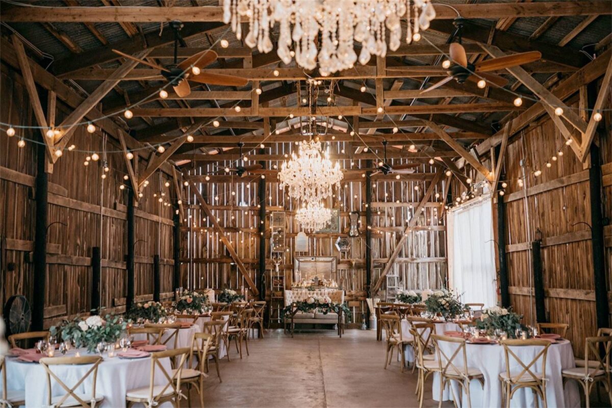 Barn Wedding with draping string lights