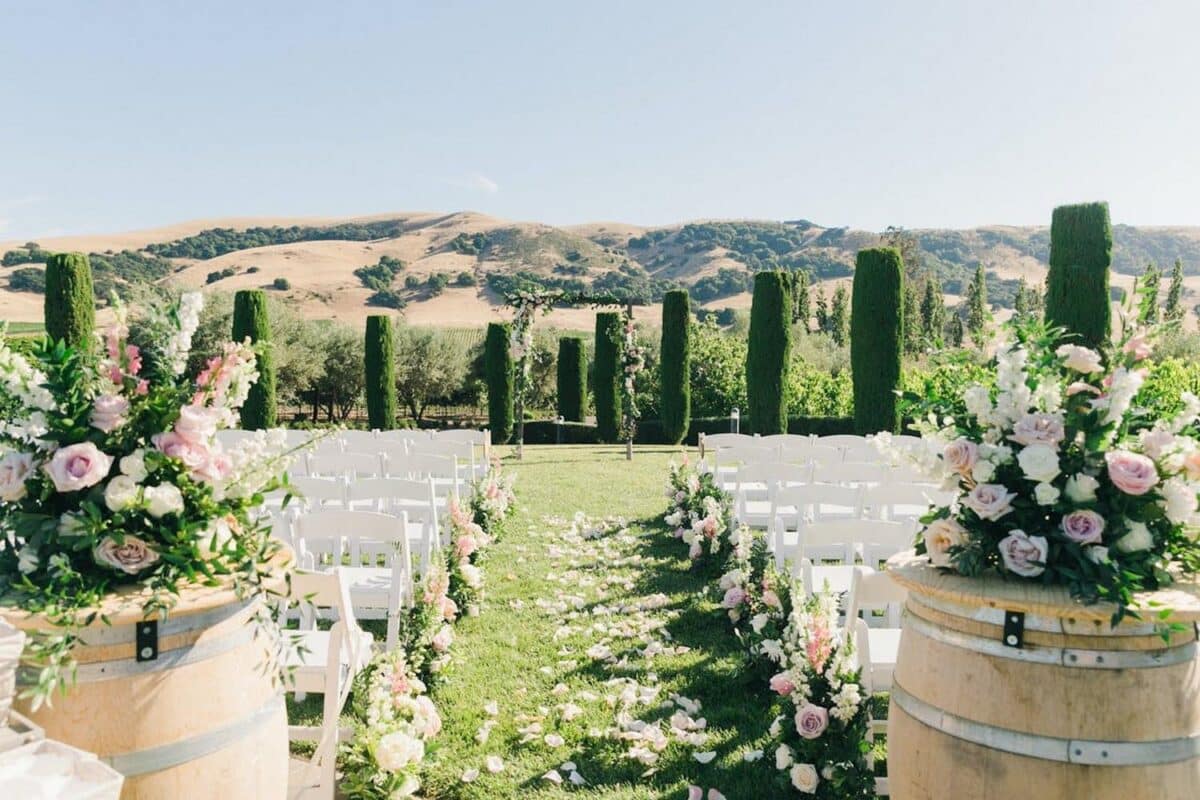 Outdoor Wedding with Floral Aisle Runner