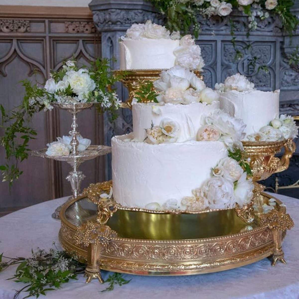 Meghan Markle’s Wedding cake, served in gleaming golden cake tray tower