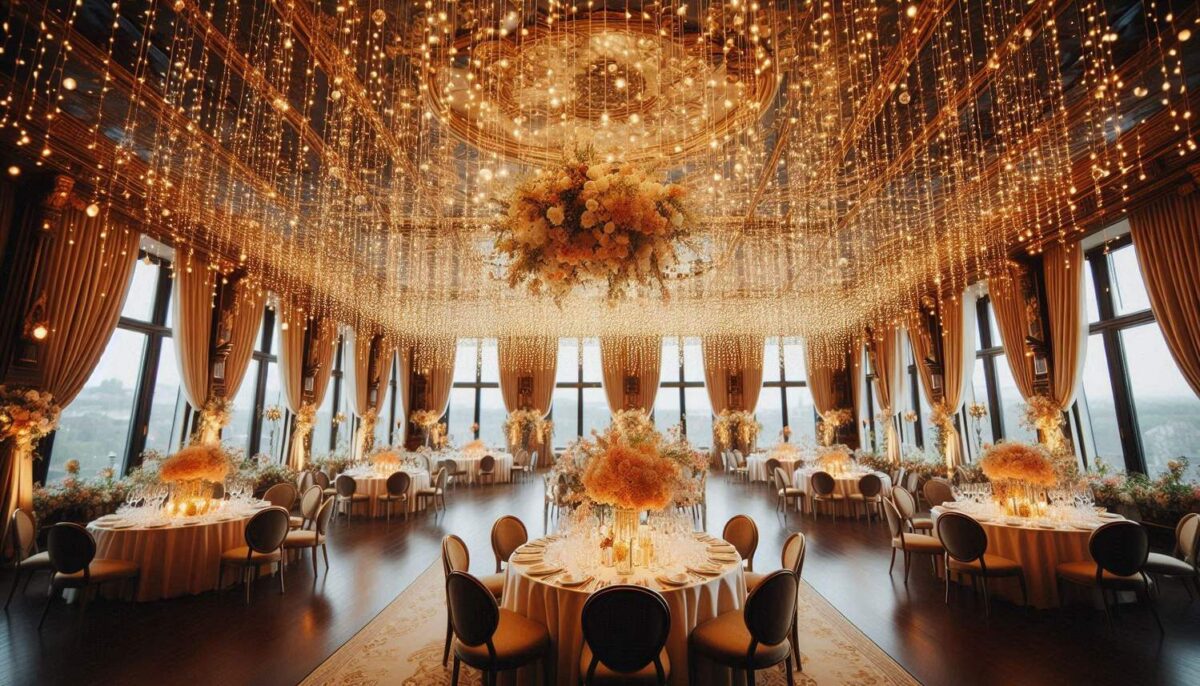 Fancy Wedding Hall with draping string lights, floral table centerpiece and more