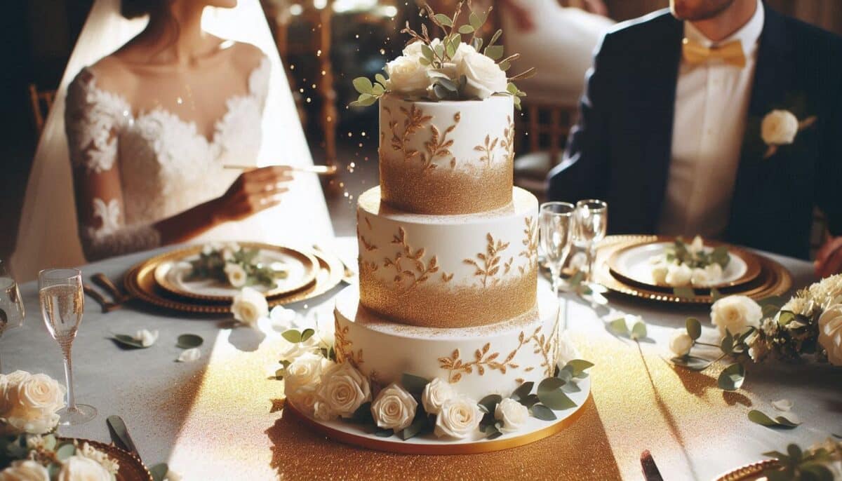 Multi-layered Wedding Cake with edible flower topper