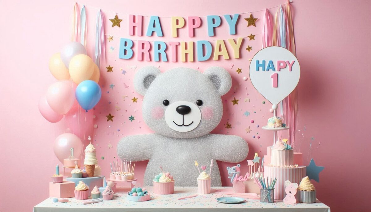 Teddy Bear Backdrop with pastel balloons, happy birthday garland and Teddy Bear cutouts