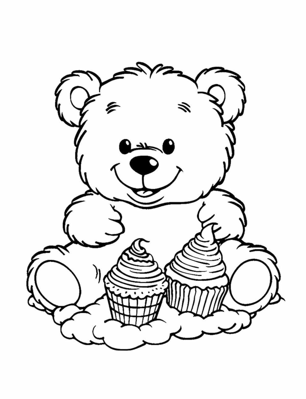 Adorable Teddy Bear Eating Cupcakes Coloring Page Template