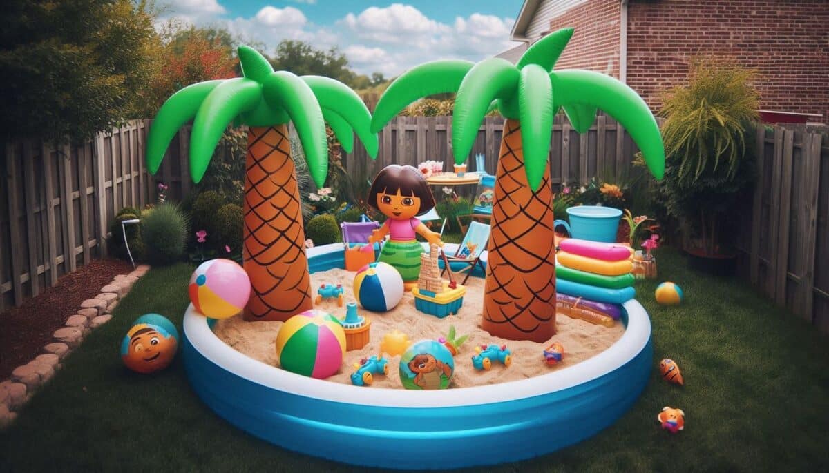 Dora the Explorer Backyard Birthday Party with Inflatable Trees, pool and more