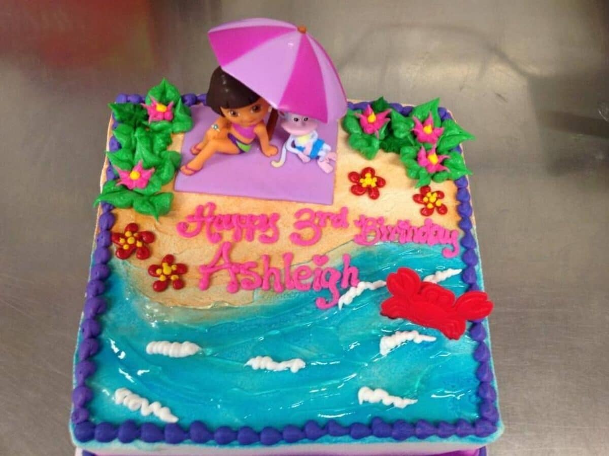 DIY Dora Birthday Sheet Cake with Beach theme, Parasol and Dora & Boots