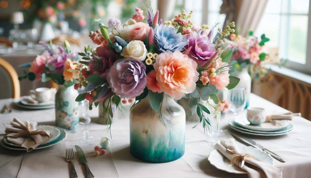 Whimsical Floral Centerpiece with Painted Vase and Peony Flowers