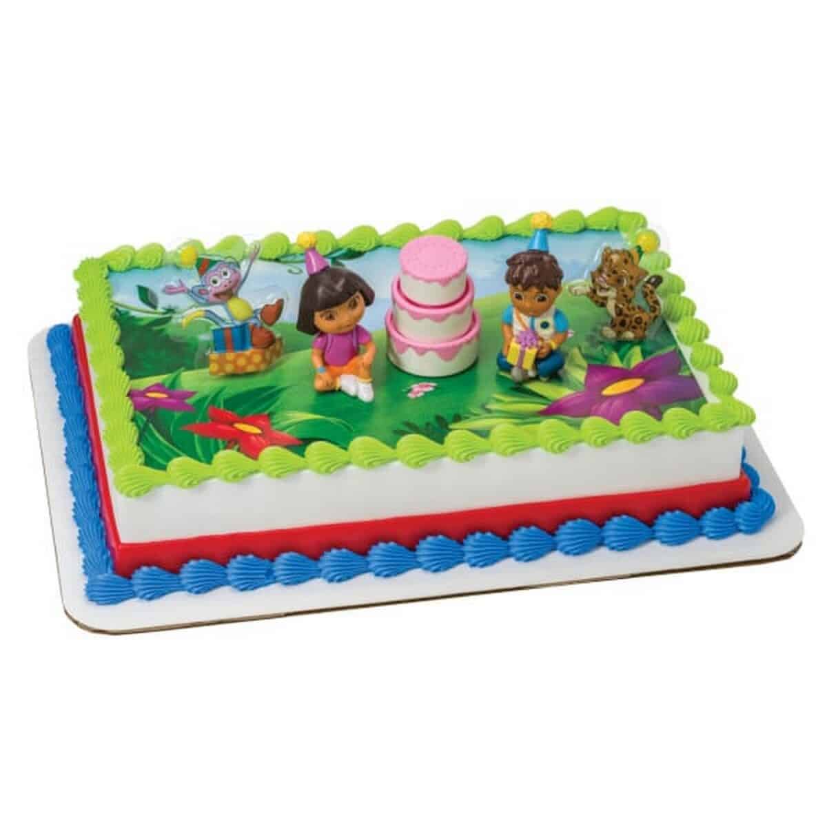 Dora Birthday Sheet Cake with cute Dora and Diego Figurines