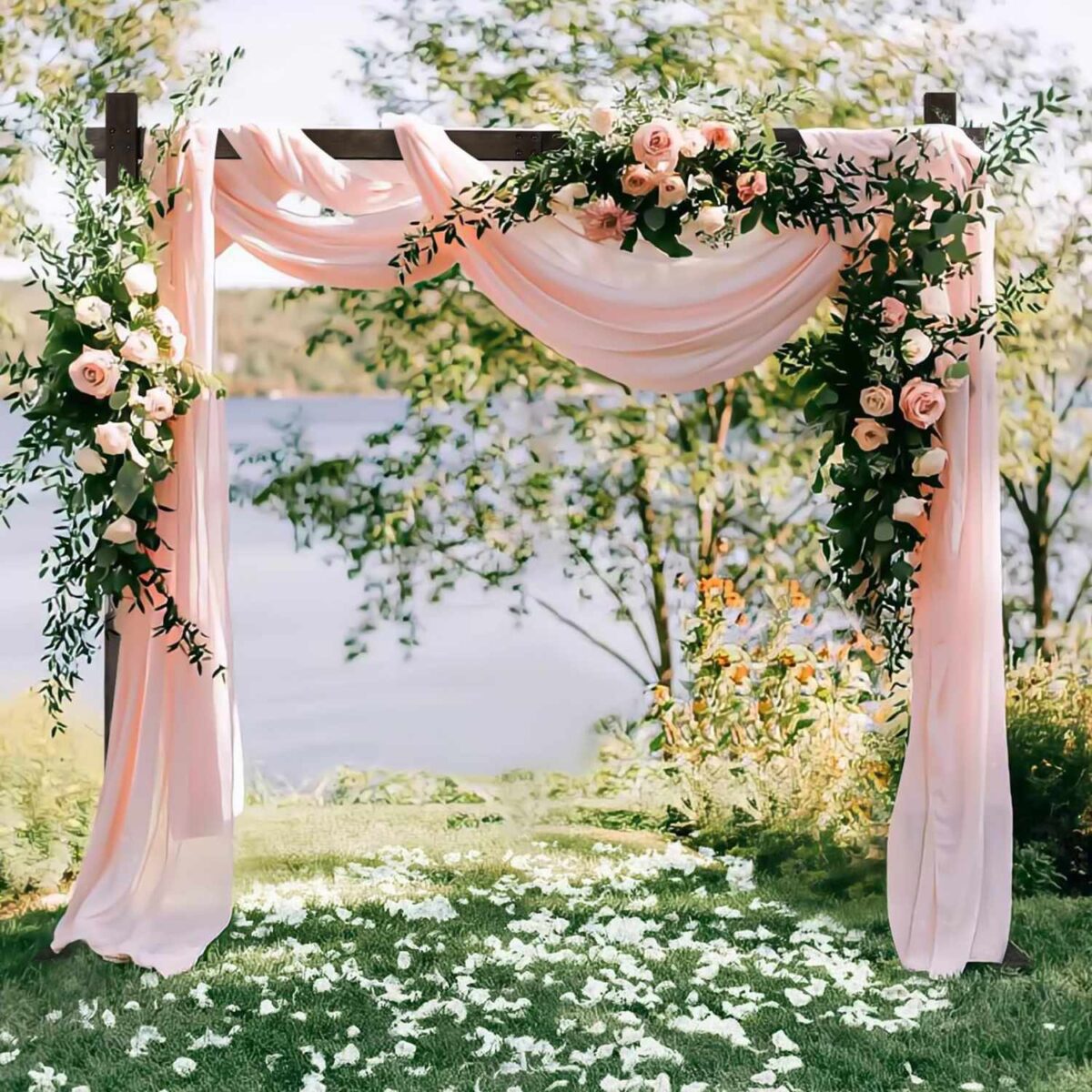 Wooden Floral Arch With Hanging White Fabrics and Floral Arrangement