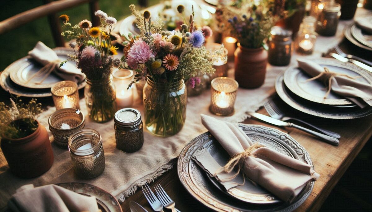 Rustic Vintage Style Table Decor with Silverware, Floral Centerpiece and candles