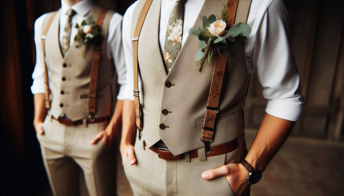 Groomsmen Attire with Floral Suspender and Boutonniere