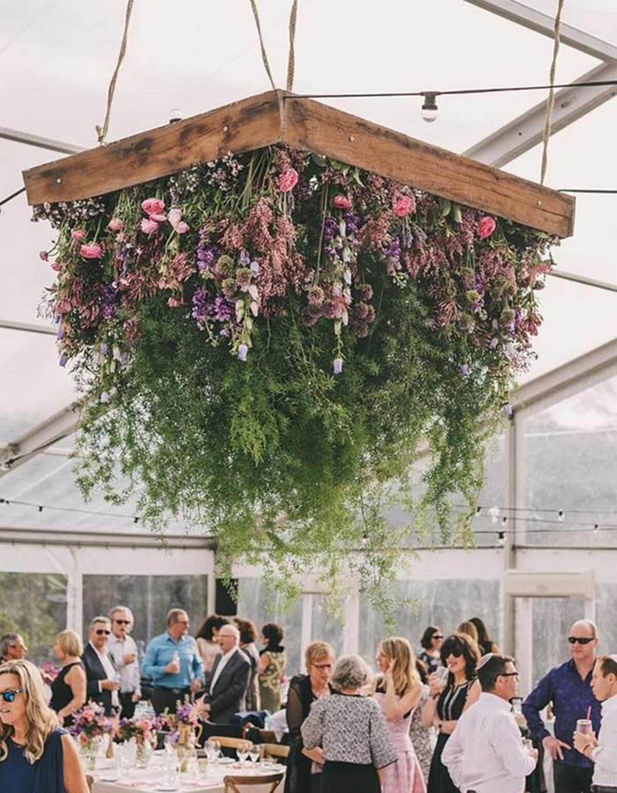 Indoor Floral Garden Wedding with Hanging Floral and Greenery Arrangement