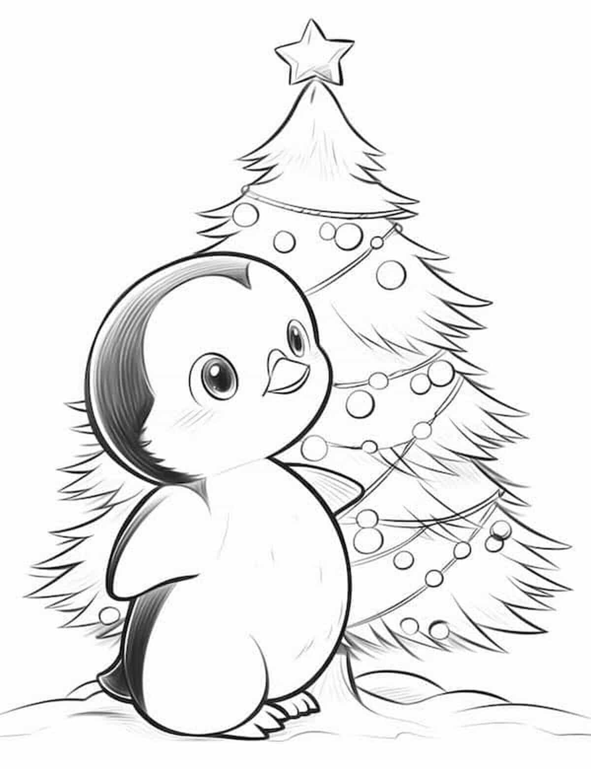 Baby Penguin And Christmas Tree Coloring Page Template