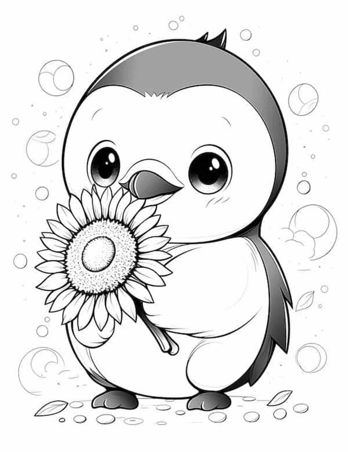 Baby Penguin Holding Sunflower Coloring Page Template