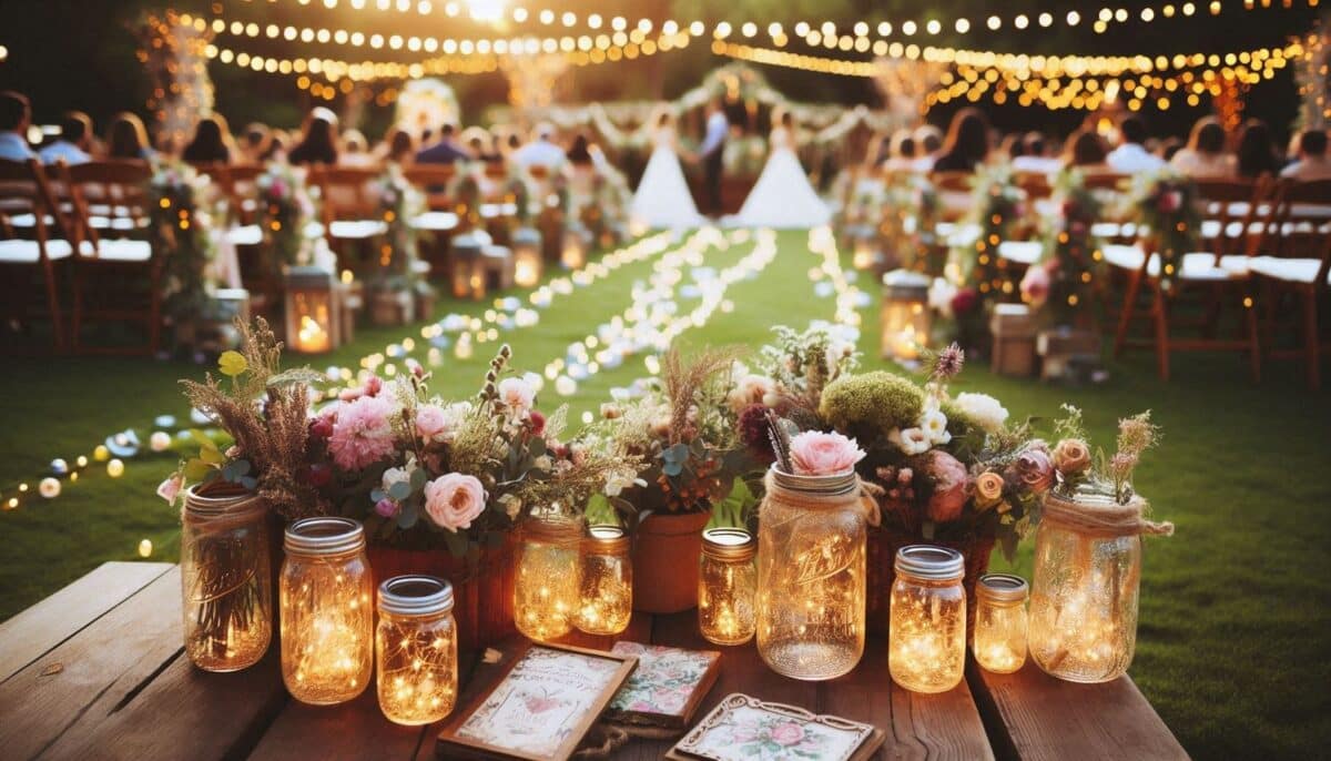 Rose, peony and baby's breath flower arrangements in clear mason jars