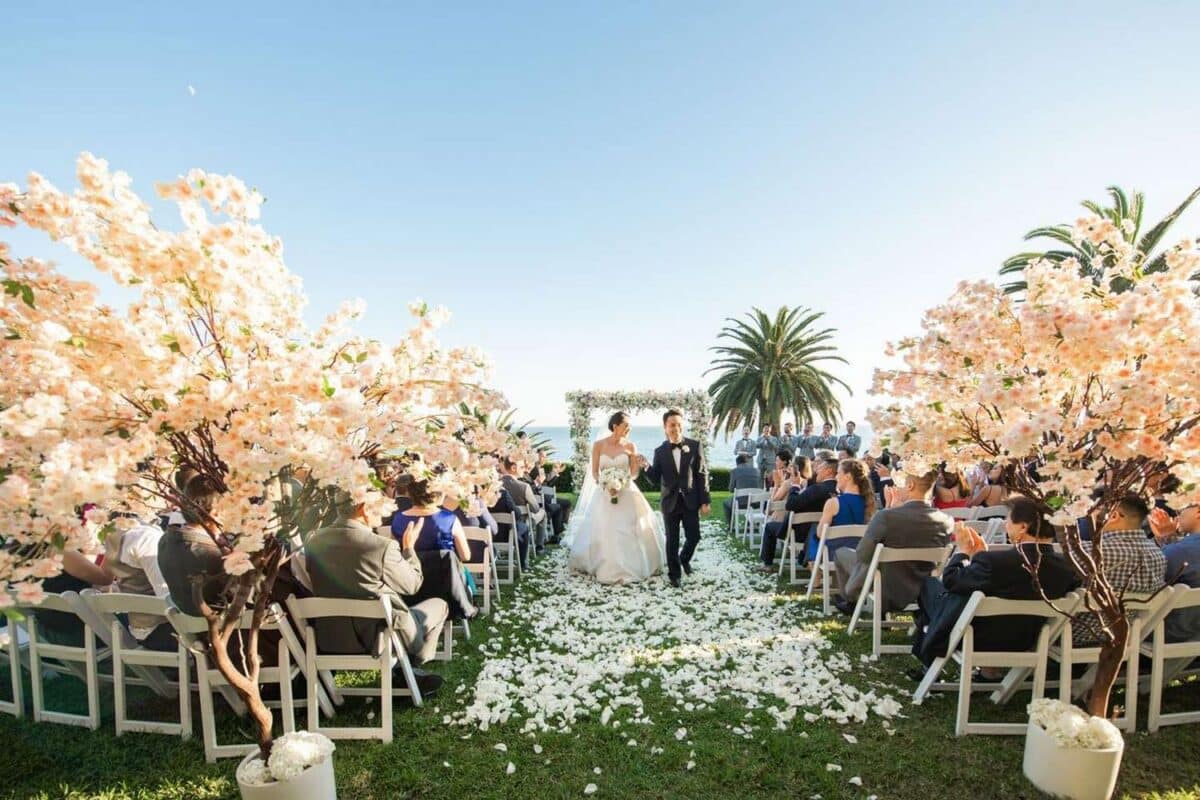 Elegant Wedding with such exquisite aisle runner and scattered Sakura Cherry Blossom flower petals