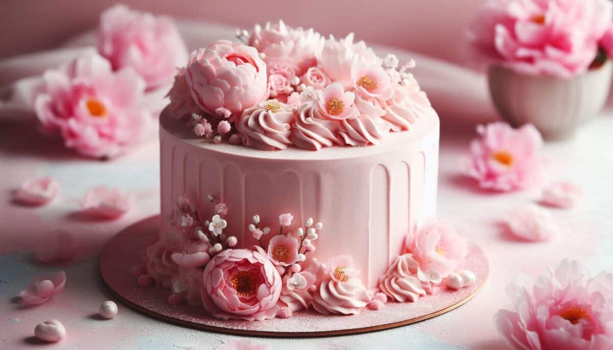 A simple round shaped wedding cake with white buttercream frosting and edible peony sugar flower