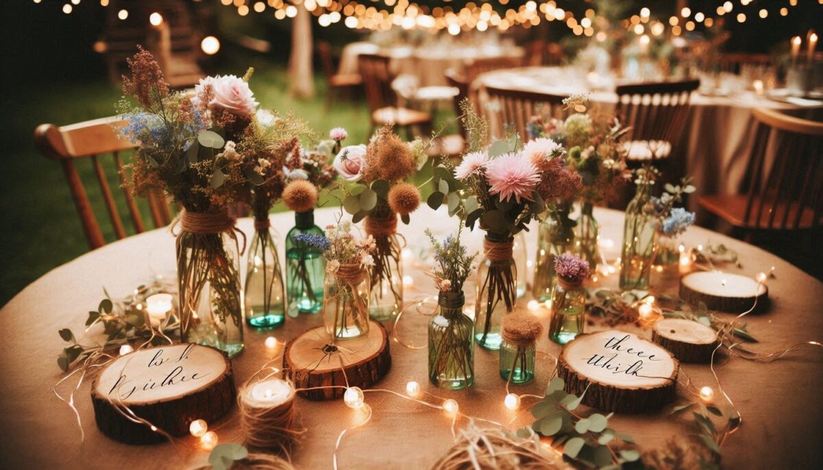 Scenic Bohemian Wedding with fairy string lights and floral centerpiece