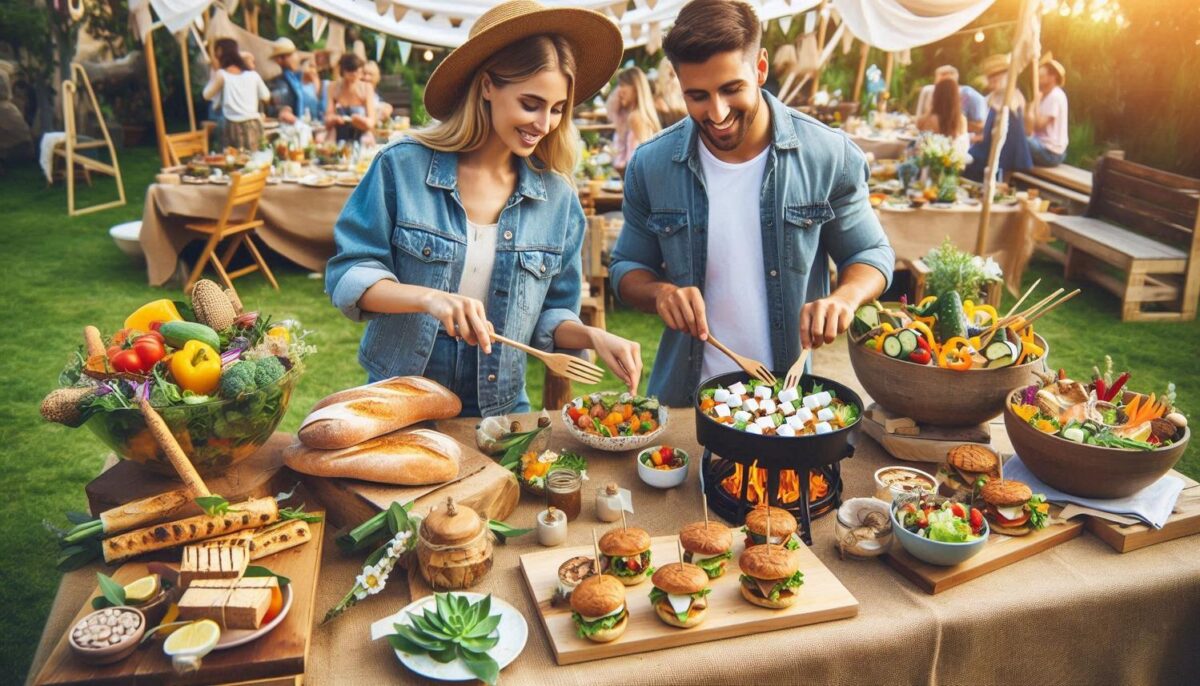 Salad, burger and bbq wedding station