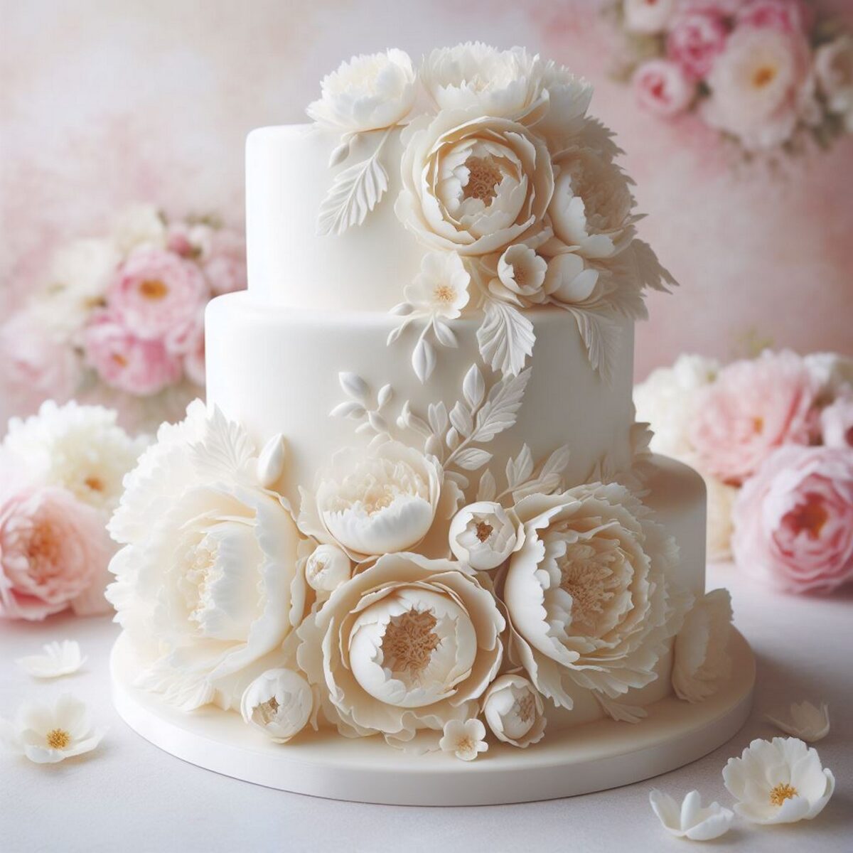 Gorgeous multi-layered wedding cake, with edible sugar Peony and hydrangea flowers