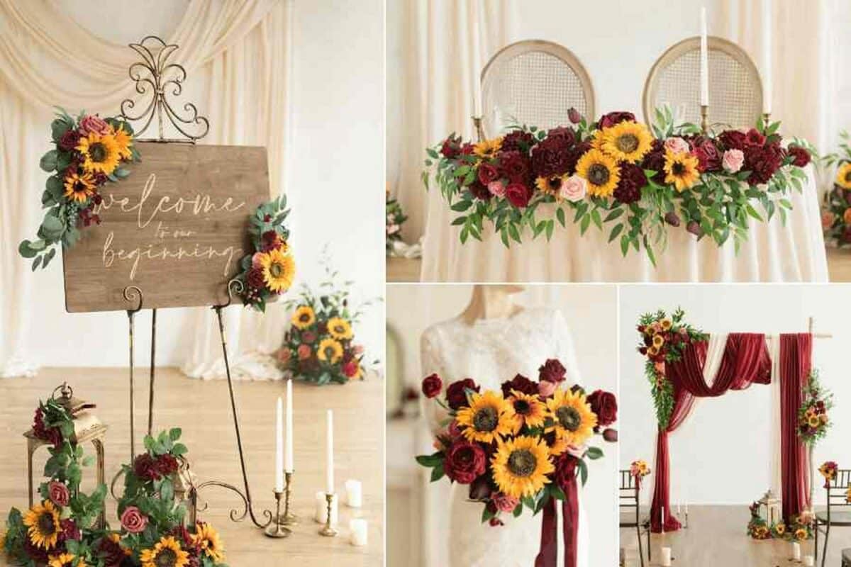 Rustic Sunflower Wedding Welcome Sign, Garland and bouquet