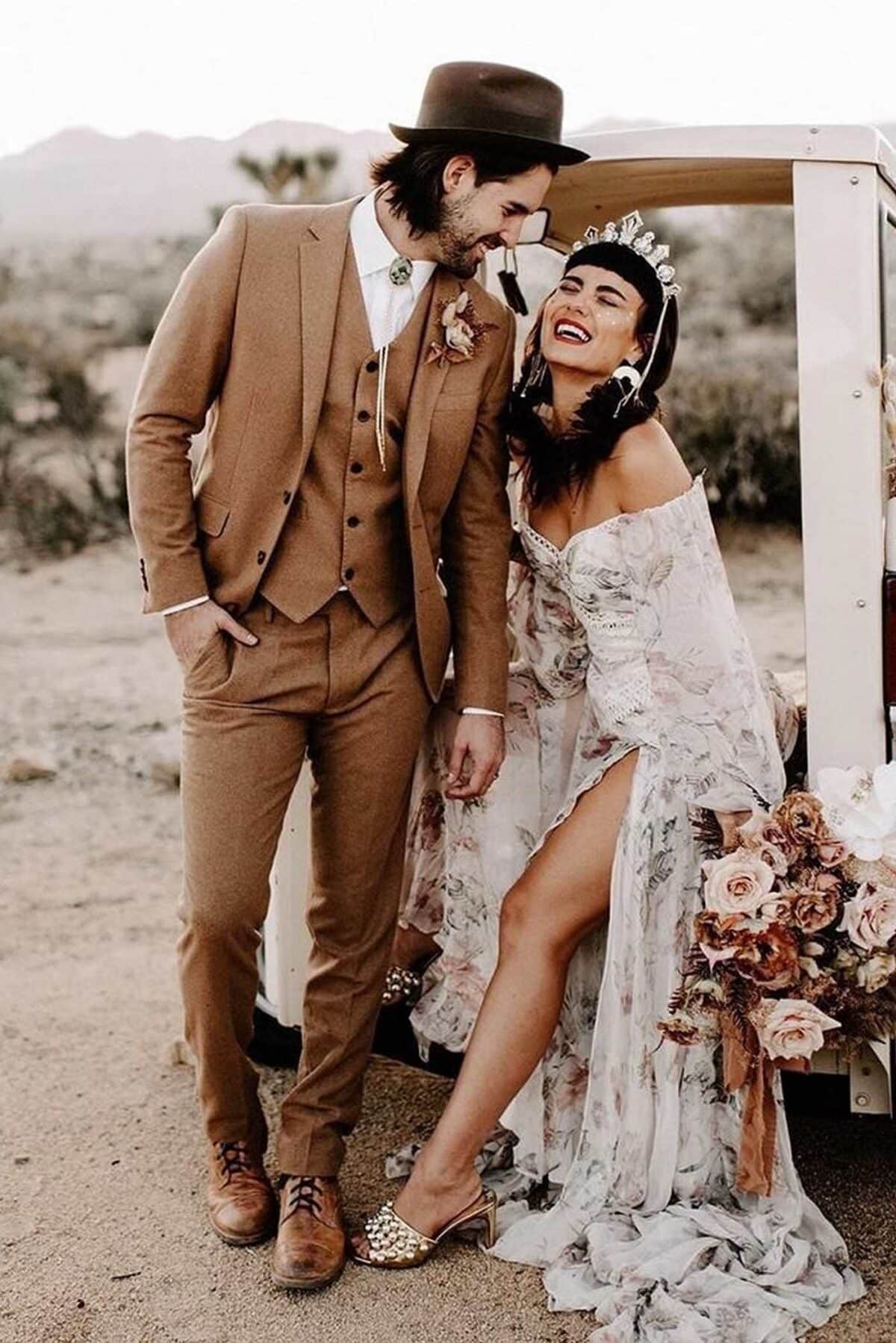 Bride & Groom in Bohemian style wedding attire