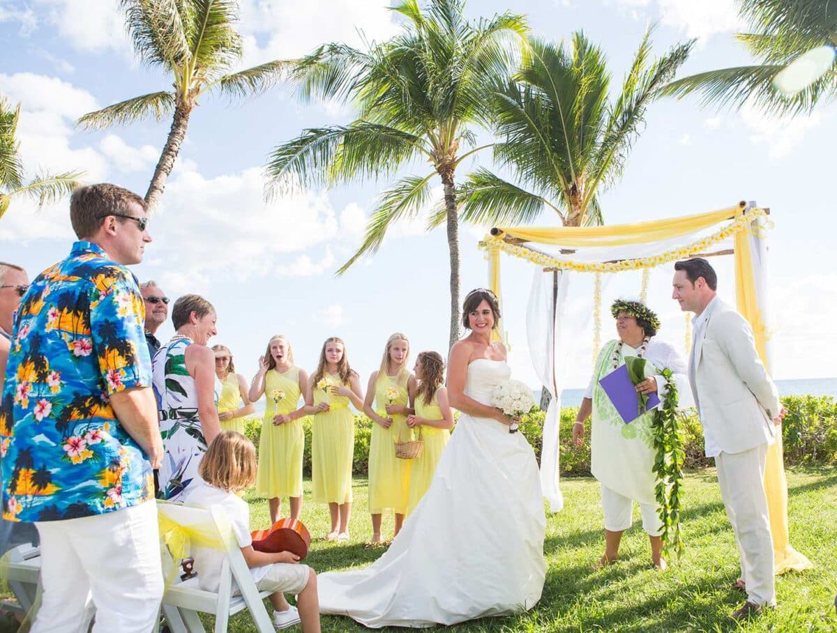 Beautiful Tropical Hawaiian Wedding Setting surrounded with Palm trees