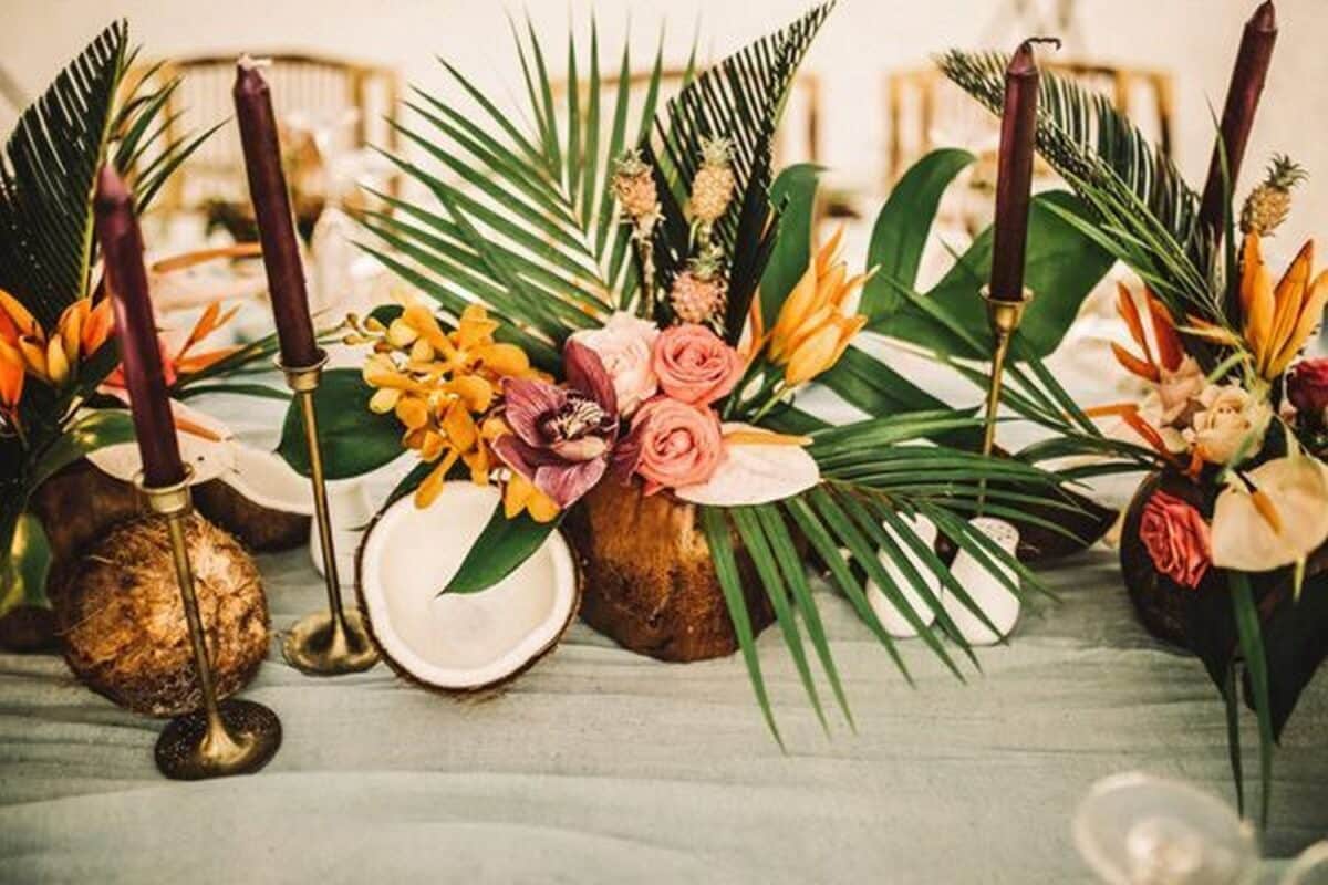 Tropical Coconut and palm leaves wedding centerpiece