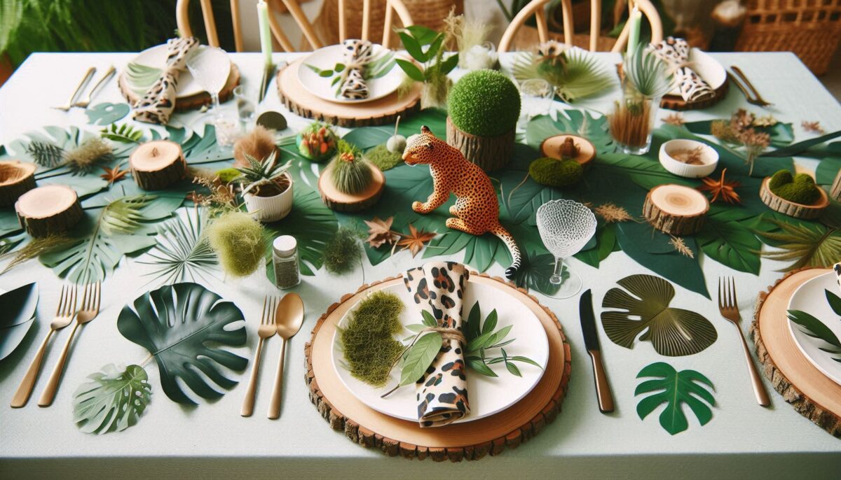 Festive Jungle Party Decor with white tablecloth, Wooden Charger Plate, Greenery Leaves and more