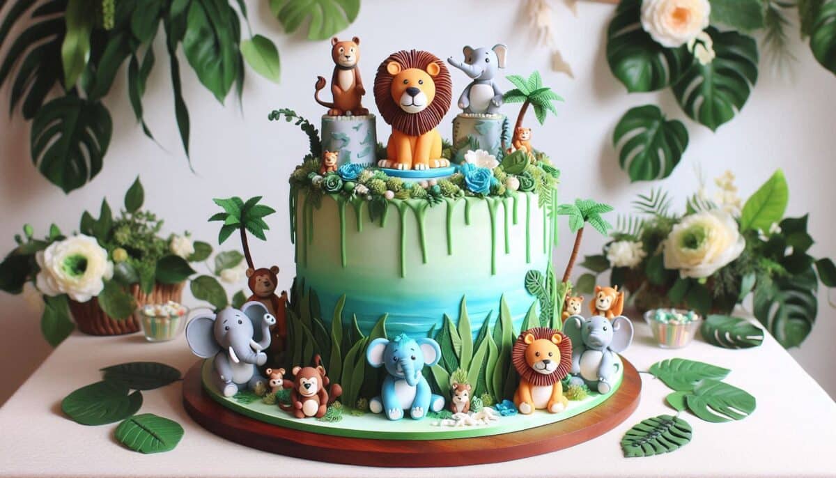 A Simple round shaped birthday cake with Lion, Zebra, Giraffe and more