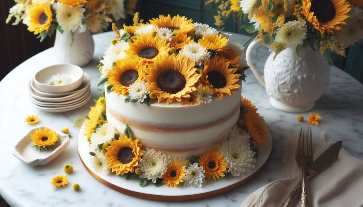 Aesthetic Semi Naked Wedding Cake with Sunflower topper