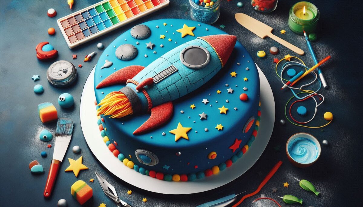 Outer Space Galaxy Rocket Birthday Cake with edible stars, planets and rocket