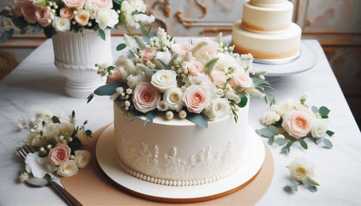 Simple White Butter frosting Cream Wedding Cake with Floral Topper