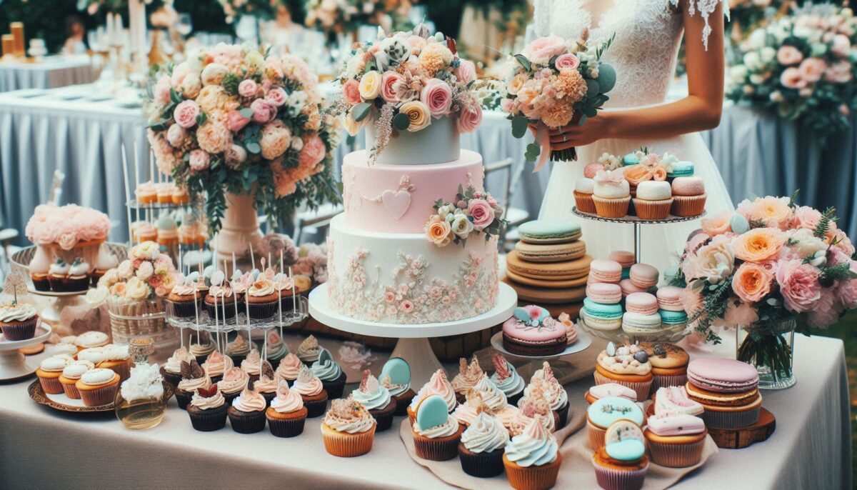 Dessert Bar filled with macarons, cupcakes and Floral wedding cake at the center of the table