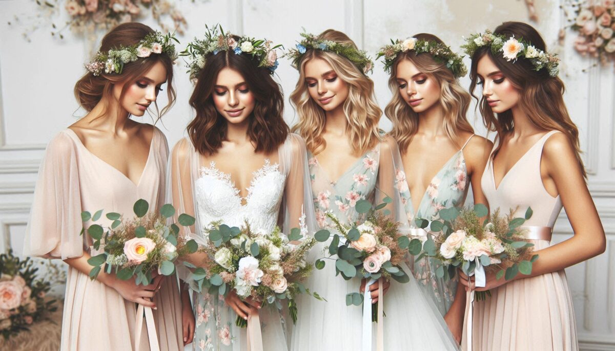 Gorgeous Bridesmaids Standing Close to each others while holding flower bouquets and wearing flower crowns