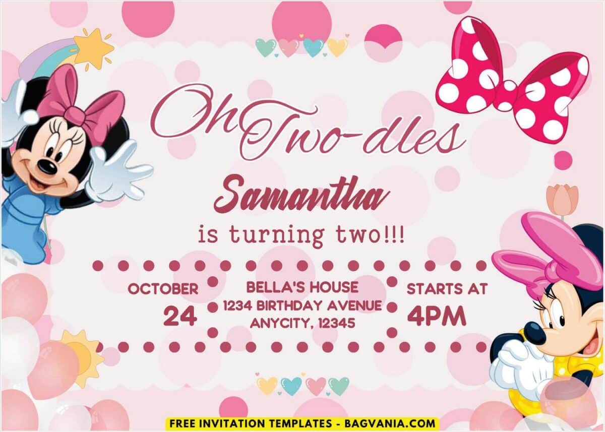 Pink Bow Tie Minnie Mouse Birthday Invitation