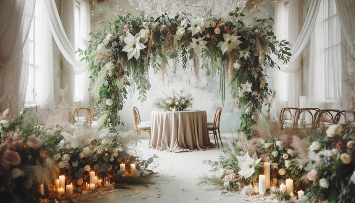 Stunning Floral arch with Greenery, Magnolia and Poinsettia flower arrangements