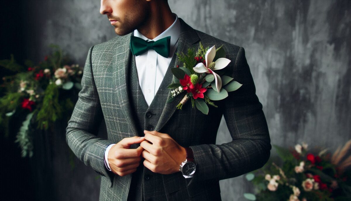 groom in a perfectly tailored green suit paired with a charming magnolia boutonniere