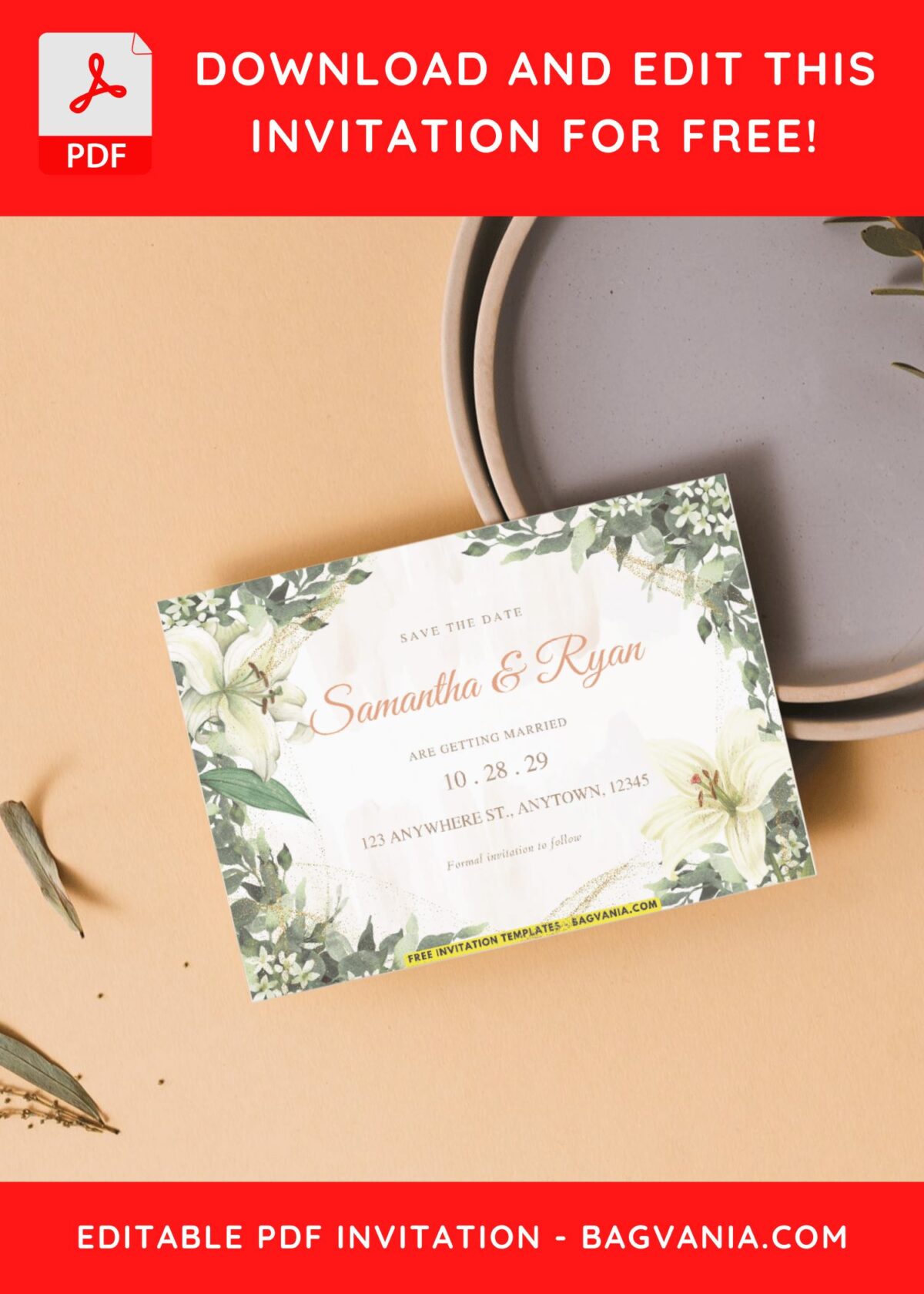 Evergreen eucalyptus and green fern wedding invitation