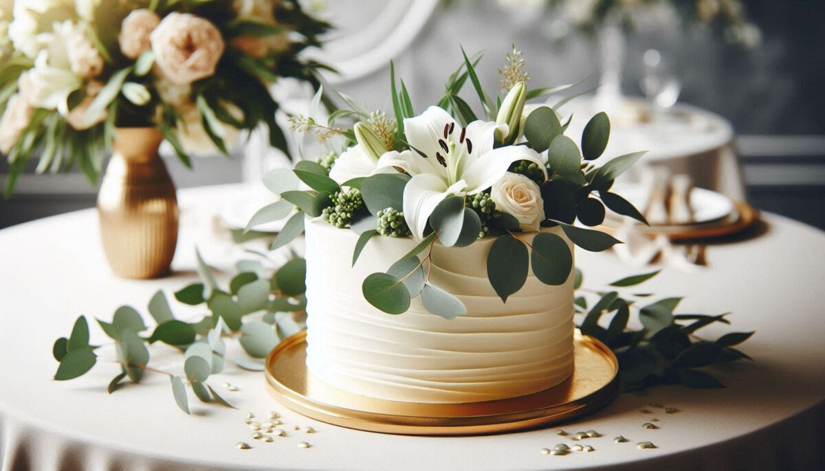 Simple White Buttercream wedding cake with cascading Greenery and Lily fresh flowers